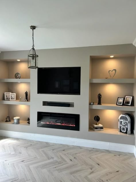 Asymmetrical Tv Built In, Living Room Feature Wall With Fireplace, Living Room Media Wall Ideas, Media Wall Ideas, Lounge Room Styling, Modern Decor Living Room, Snug Room, Feature Wall Living Room, Built In Shelves Living Room