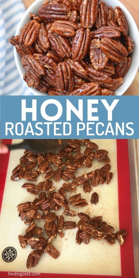 Make your own honey roasted pecans at home! Easy to bake in your oven, these simple but tasty honey roasted pecans are the perfect snack, a great addition to your charcuterie board, homemade gift or topping for your favorite salad!  Get step-by-step instructions in this delicious pecan recipe. Roasted Pecans Recipe, Pecan Recipe, Honey Roasted Pecans, Baking Nuts, Snack Easy, Easy To Bake, Oven Baked Recipes, Homemade Food Gifts, Favorite Salad