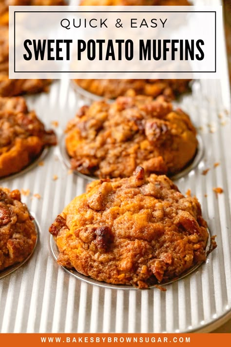 Sweet Potato Pumpkin Muffins, Yams Breakfast Recipe, Sweet Potato Pie Muffins, Small Batch Sweet Potato Muffins, Pumpkin Sweet Potato, Sweet Potato Puree Recipes, Sweet Potato Muffin, Sweet Potato Muffins Recipes, Sweet Potato Recipes Breakfast