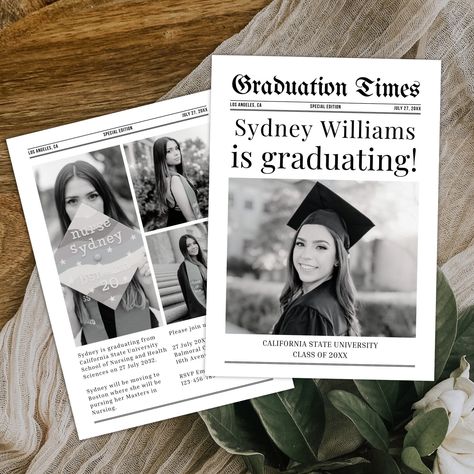 Graduation Party Invitation, Newspaper Announcement Template with Photo, Edit in Canva, Grad Announcement, 5x7 Instant Digital Download Newspaper Announcement, Party Font, Merry Christmas Font, Graduation Party Invitations Templates, Moving To Boston, Grad Announcements, Graduation Party Invitation, Halloween Fonts, Graduation Announcement