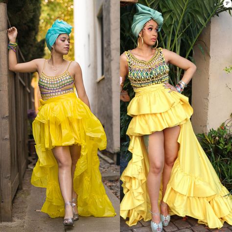 Cardi B Costume - Remade Cardi B's  " I Like It" outfit using plastic table cloths and beading ! it was under $10 to make Free People Prom Dress, Cardi B Halloween, Cardi B I Like It, B Costumes, Cardi B Costume, Jamaican Fashion, Long Tight Prom Dresses, Black Tie Dress Wedding, Burgundy Wedding Dress