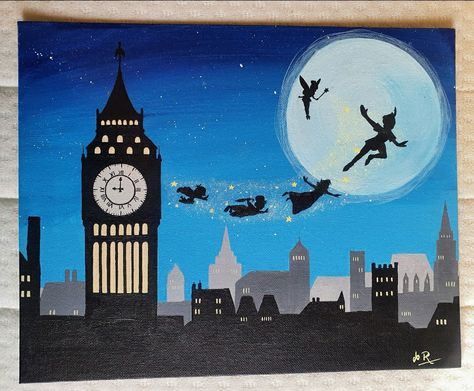 Disney Scenes To Paint, Disney Themed Paintings, Ratatouille Painting Easy, Peter Pan Painting Easy, Disney Landscape Painting, Peter Pan Artwork, Tinkerbell Painting Easy, Up Acrylic Painting Disney, Peter Pan Acrylic Painting