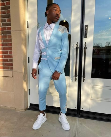 Light Blue Suit Men Prom, Half Suit For Men, White And Blue Prom Suit, White Prom Suits For Guys, Prom Suit Designs For Men, Prom Suit Ideas For Guys, Male Prom Suits, Light Blue Prom Suit, Prom Suits Black Men