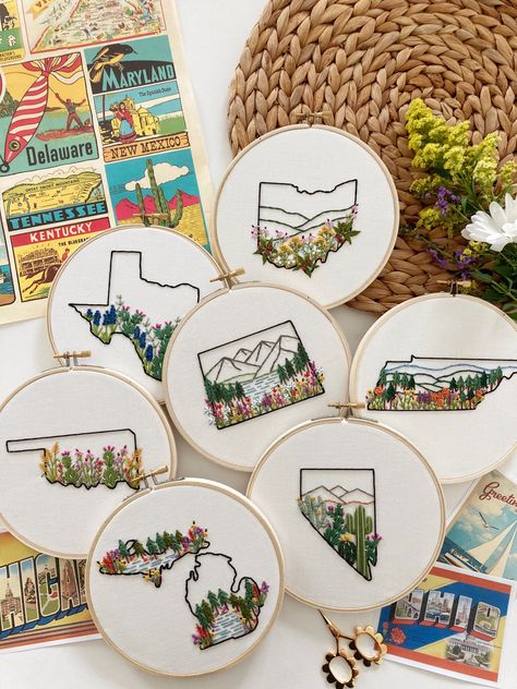 "A hand-embroidery PDF pattern for the beautiful state of West Virginia! I've created a pattern for tracing and a thorough 18 page stitch guide, both of which you'll receive with the purchase of this listing. NOTE: This purchase is for a digital pattern. You won't receive any physical materials from this listing and I am unable to sell kits or supplies. ✂️I wrote the stitch guide with beginners in mind, but it would benefit you if you do a little bit of practice stitching before diving into the Embroidery Scenery Simple, Florida Embroidery, Colorado Embroidery, Scenery Embroidery, State Embroidery, Frame Embroidery, Pdf Embroidery Pattern, Stitch Guide, Hand Embroidery Projects