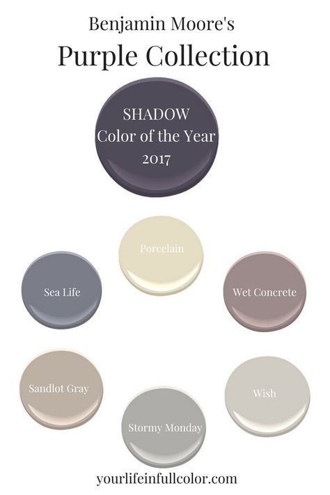 Benjamin Moore's Shadow 2117-30 was created to play beautifully in the "purple sandbox Bedroom Purple Accents, Townhouse Updates, Benjamin Moore Shadow, Benjamin Moore Purple, Bathroom Colors Gray, Grey Cottage, Wet Concrete, Bathroom Basement, Interior Paint Colors Schemes