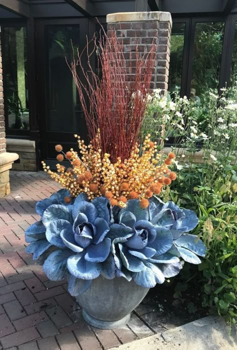 Fall Pots, Winter Container Gardening, Fall Container Gardens, Succulent Landscape Design, Fall Green, Ornamental Cabbage, Fall Containers, Garden Works, Container Vegetables