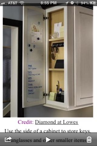 Hidden key storage and messy notes in the kitchen. End Of Cabinet Storage, Cabinet Storage, Cabinets Kitchen, Organization Hacks, Dream Kitchen, My Dream Home, Storage And Organization, Storage Cabinets, Kitchen Inspirations