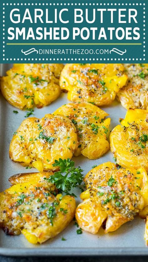 Smashed Potatoes With Sauce, Flat Top Side Dishes, New Potatoes Recipes Boiled, Oven Smashed Potatoes, Saute Pan Recipes, Garlic Butter Smashed Potatoes, Roasted Yellow Potatoes, Smashed Potatoes Baked, Garlic And Herb Butter