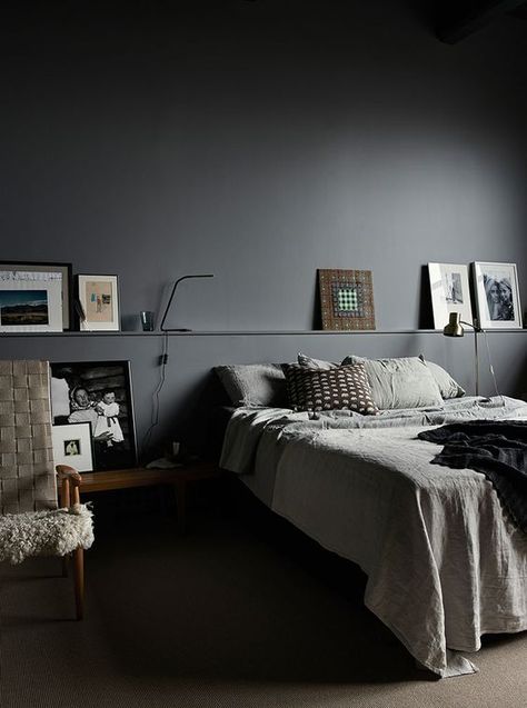 graphite grey walls, functional design and warm woods to soften the look Gray Bedroom Walls, Calming Bedroom, Dark Bedroom, Black Bedroom, Loft House, Trendy Bedroom, Gray Bedroom, Stylish Bedroom, Master Bedrooms Decor