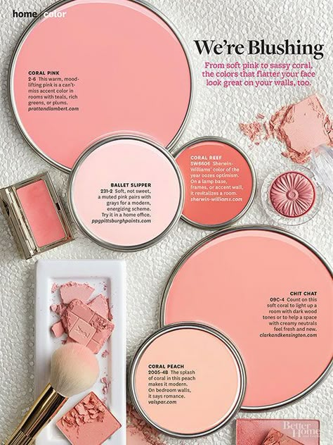 BHG's favorite shades of blush and corals that would look great on a wall or painted on accent furniture.  Paint color names and brands from BHG Coral Paint Colors, Pantone 2016, Table Room, Master Bed, Bathroom Reno, Pink Paint, Color Codes, Interior Paint Colors, House Paint