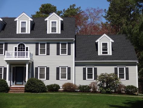 gaf charcoal shingles with tan house | Project Spotlight: GAF Timberline HD Roof, Marion, MA ... Gaf Timberline Shingles, Timberline Shingles, Light Blue Houses, Shingled Roof, Roof Shingle Colors, Tan House, Color Combinations Home, House Addition, Gray House