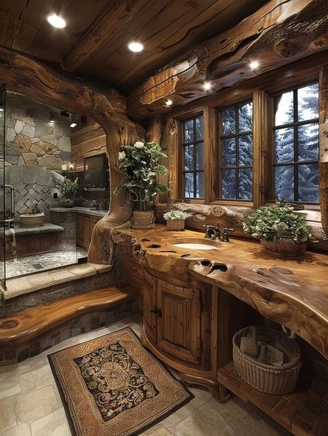 Rustic Log Cabin Bathroom, Small Cabin Bathroom, Western Bathrooms, Rustic Bathroom Shower, Tiny House Company, Western Rooms, Cabin Bathroom, Cabin Bathrooms, Rustic Bathroom Designs