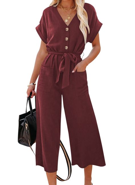 PRICES MAY VARY. Feature:Short sleeve, V neck, Solid color, High waist, Button Down, Pocketed, Long Pants Jumpsuits Romper with Belt. Casual jumpsuit is made of good fabric, comfortable, soft, breathable, lightweight, loose design make it full of vitality. The wide legs make this women romper easy to wear, plus the material is soft and breathable so you will be cool and comfy all season. Match: you can pair the solid color one piece outfit with shoes, sandals or heels as you like. Occasion: Jump Solid Color Jumpsuits, Bodycon Jumpsuit, Jumpsuit Elegant, Bodycon Dress With Sleeves, Loungewear Jumpsuit, Red Jumpsuit, One Piece Outfit, Elegant Dresses Long, Long Sleeve Bodycon