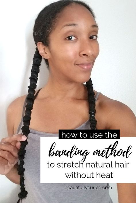 Need a break from the heat? Try Banding Your Natural Hair | A No Heat Method to Stretch Curls • A Guide By Beautifully Curled (Video Tutorial Included) Stretching Natural Hair, Growing Long Natural Hair, Beach Waves Hair Tutorial, Cute Natural Hairstyles, Hair Spray Bottle, Hair Without Heat, Natural Hair Regimen, No Heat Hairstyles, Beach Wave Hair