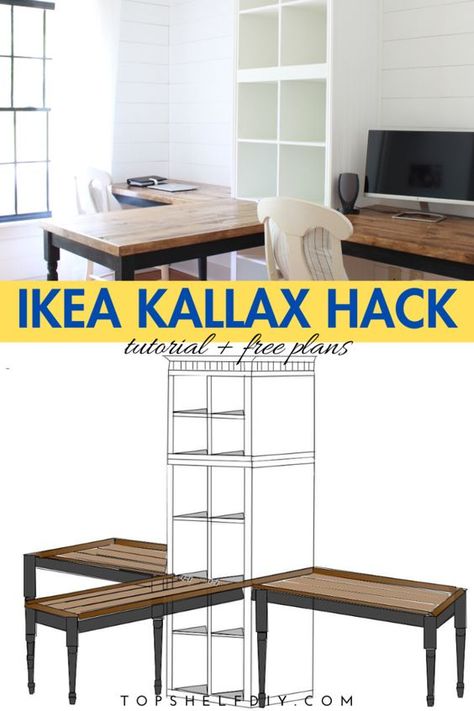 Diy T Shaped Office Desk, T Shaped Desk For Two Ikea, T Shaped Two Person Desk, Shelving In Home Office, T Shaped Office Desk For Two, Double L Desk, Ikea Desk Kallax Hacks, Kallax With Desk, T-shaped Desk