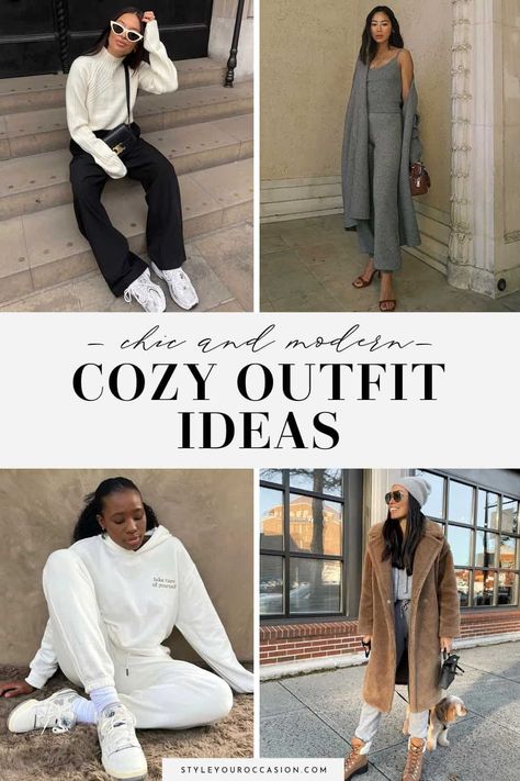 Looking for chic and cute cozy outfit ideas? If you love the cozy aesthetic, you'll love these cozy outfits for home, for school, for lazy days, for running errands, and you'll see how you can elevate them for date night and going out! There's cozy looks for spring, summer, fall, and winter with leggings, pants, skirts, dresses, and more. Cozy Morning Outfit, Spa Day Outfit Winter, Cute Cozy Outfits, Cozy Aesthetic Outfits, Casual Sunday Outfit, Cozy Outfit Ideas, Cute Fall Fashion, Looks For Spring, Matching Sweatsuit