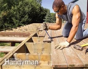 Rebuild An Old Deck With New Decking And Railings (DIY) | Family Handyman Basic Carpentry Tools, Basic Carpentry, Deck Building Plans, Deck Remodel, Stairs Stringer, Laying Decking, Deck Framing, Wooden Deck, Deck Construction