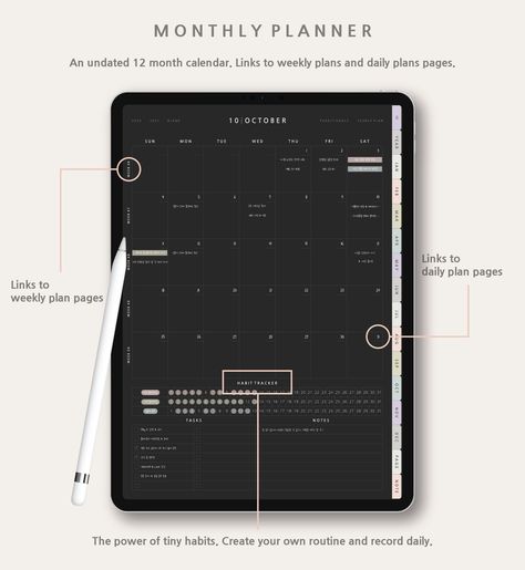 Black iPad Digital Planner - GoodNotes Template with Stickers bestdigitalplannerforandroid #goodnotesipadideas #weeklyplannertemplate #plannerpages. Productive Aesthetic, Study Planner Free, Habit Challenge, Fashion Website Design, Goodnotes Template, Monthly Planner Template, Planner Writing, Planner Setup, Month Planner