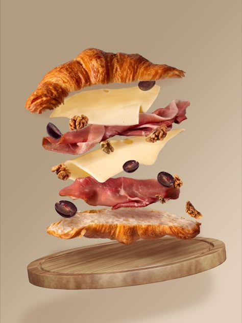 levitation croissant recipe with ingradients ham, cheese, walnuts and grapes and wooden board, beige background, food photography studio Food Levitation Photography, Flying Food Photography, Ham Photography, Croissant Photography, Croissant Ideas, Cafe Photos, Croissant Sandwich, Levitation Photography, Meat Shop