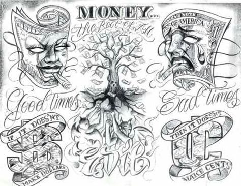 Boog Tattoo, Gangsta Tattoos, Money Tattoo, Chicano Tattoo, Chicano Tattoos, Star Tattoo Designs, Chicano Art Tattoos, Chicano Drawings, Tattoo Flash Sheet