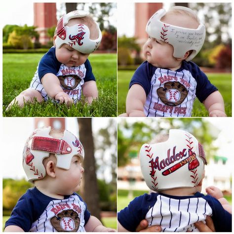 Maddox's Atlanta Braves Band DOC band/helmet  https://www.facebook.com/pages/Cranial-BandsMurals-by-Leigh-Gibson/153150921414230 Doc Band Designs, Cranial Helmet Designs Boys, Baby Helmet Design Boys, Plagiocephaly Helmets, Baby Cost, Doc Band, Brain Models, Baby Helmet, Helmet Designs