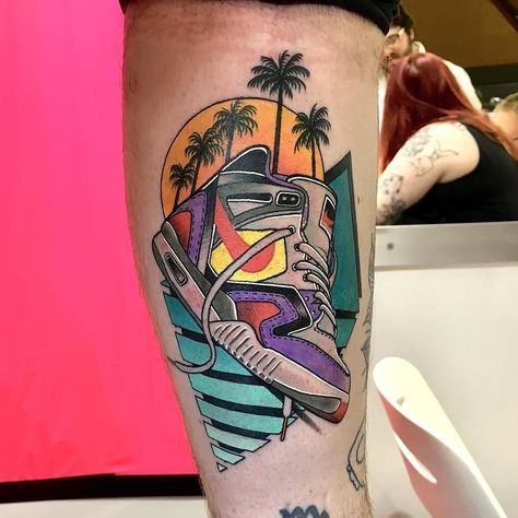 80's Sneakers by @theleisurebandit at The Leisure Bandit Tattoo in Perth Western Australia. #sneakers #shoes #80stattoo #80s #1980s #palmtree #theleisurebandit #theleisurebandittattoo #perth #westernaustralia #australia #tattoo #tattoos #tattoosnob 80s Tattoo Ideas, Bandit Tattoo, 90s Tattoo Ideas, 80s Tattoo, Lion Leg Tattoo, Nike Tattoo, 90s Tattoos, Worlds Best Tattoos, Music Tattoo Designs