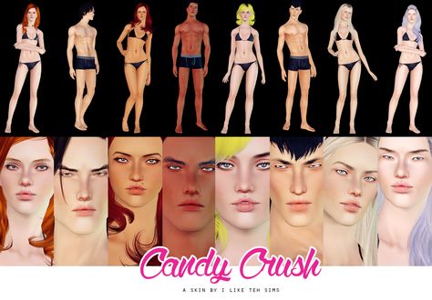 CANDY CRUSH SKIN “ A new skin!! Similar to Cake Face, but a little smoother and more defined eyelids. I like it! There are a total of 12 tones, split up into four different packs. Here is a preview (dumb names based on sugary treats is a tradition... Sims 3 Skin, Sims 3 Sims Download, Sims 3 Makeup, Sims 3 Cc Clothes, Boyfriend Hair, Sims 3 Cc, Sims 3 Cc Finds, Sims 3 Mods, Play Sims