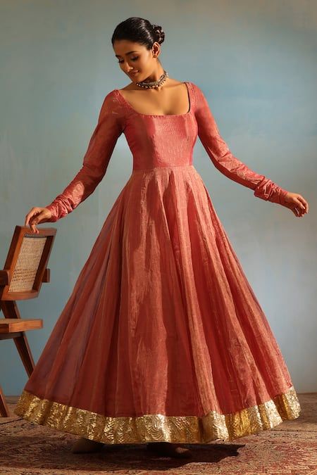 Buy Pink Tissue Silk Placement Lace Border Anarkali Churidar Set For Women by Weaver Story Online at Aza Fashions. Lace Anarkali, Flared Anarkali, Indian Dress Up, Anarkali Churidar, Silk Anarkali Suits, Designer Anarkali Dresses, Traditional Gowns, Long Gown Design, Simple Frocks