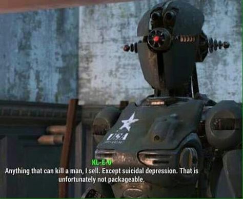 "What do you sell?"    Meet Kleo, my new fav robot (Fallout 4) Fallout 4 Secrets, Fallout 4 Funny, Fallout Meme, Fallout Funny, Fallout Game, Bethesda Games, Random Video, The Fallout, Fallout Art