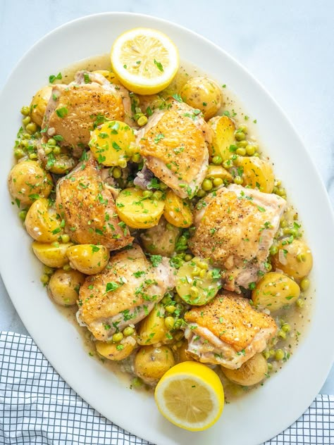 Chicken Vesuvio?utm_source=12tomatoes Chicken Slouvaki Oven, Chicken Vesuvio Recipe Chicago, Chicken Tuscany, French Wine And Mustard Chicken, Chicken Vesuvio, Chicken Thighs Dinner, 12 Tomatoes Recipes, Dinner Entrees, Juicy Chicken