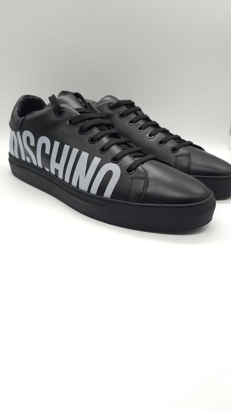 Free eBay listing template designed by dewiso.com Moschino Men's Black Leather Sneakers  Size US 10 / EU 43 New Great gift!  Black Leather Logo Sneakers Low-top buffed calfskin sneakers in black. Features & Dimensions: Leather upper Round toe Lace-up style Rubber sole Moschino signature logo on side. Leather lining. Layered rubber sole. Cushioned insole. Made in Spain Color: Black Size: US 10 / EU 43 BRAND NEW  100 % AUTHENTIC. Box, Dust Bag, Tags While we make every effort to capture the actual