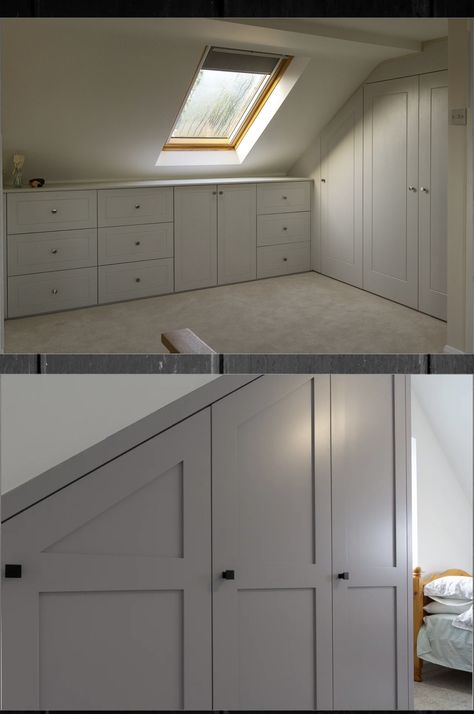 Sloped Ceiling Bedroom Storage, Pitched Roof Closet, Bedroom With Roof Slope, Pitched Roof Wardrobe, Pitched Roof Living Room, Slanted Roof Wardrobe Ideas, Built In Wardrobe Ideas Sloped Ceiling, Diy Wardrobe Sloped Ceiling, Sloping Roof Wardrobe