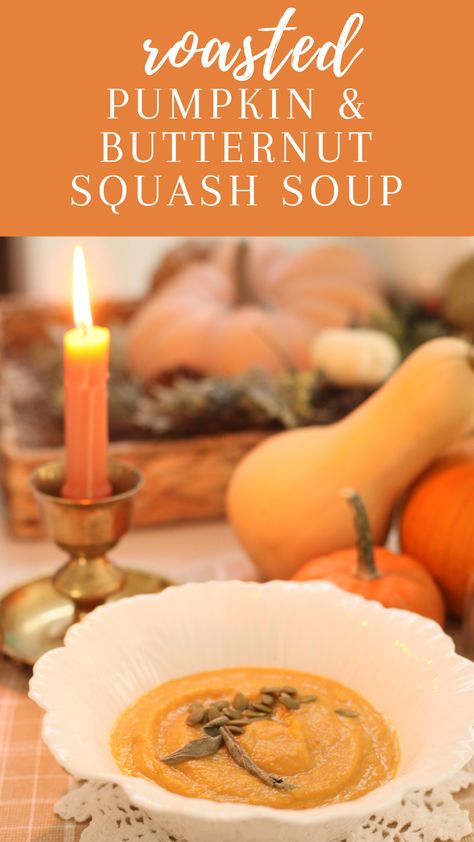 This savory roasted pumpkin and butternut squash soup is made with bacon, garlic and sage. It makes for a cozy, fall meal. Serve on a crisp autumn day for best results! Pumpkin And Butternut Squash Soup, Savory Roasted Pumpkin, Recipes For Butternut Squash, Pumpkin Butternut Squash Soup, Pumpkin Butternut Squash, Sage Soup, Butternut Squash Soup Crockpot, Butternut Squash Bacon, Best Butternut Squash Soup