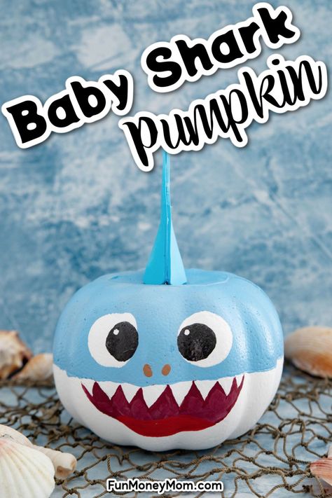 This adorable Baby Shark Pumpkin is the perfect no carve pumpkin craft for Halloween. Easy enough for kids of all ages, this fin-tastic Halloween activity will be a family favorite! Shark Pumpkin Painted, Baby Shark Pumpkin, Shark Pumpkin, Diy Pumpkin Painting, Diy Pumpkins Painting, Disney Pumpkin Painting, Craft For Halloween, No Carve Pumpkin, Minnie Mouse Pumpkin