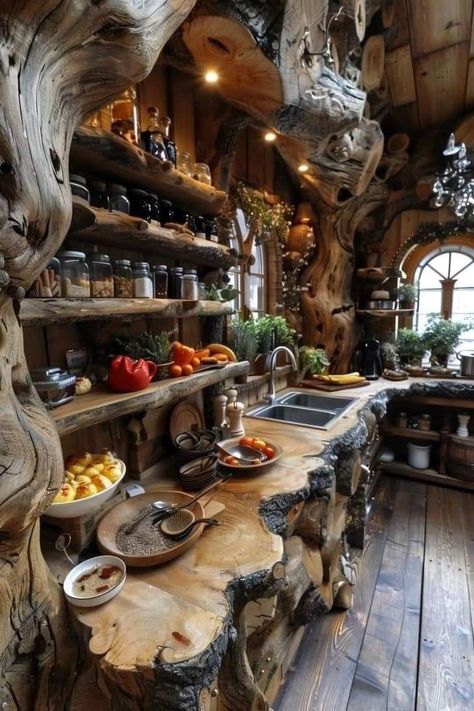 Treehouse Kitchen, Casa Do Hobbit, Magical Treehouse, Rustic Kitchen Designs, House Of The Future, 70s Living Room, Peaceful Home, Rustic Home Design, Hobbit House