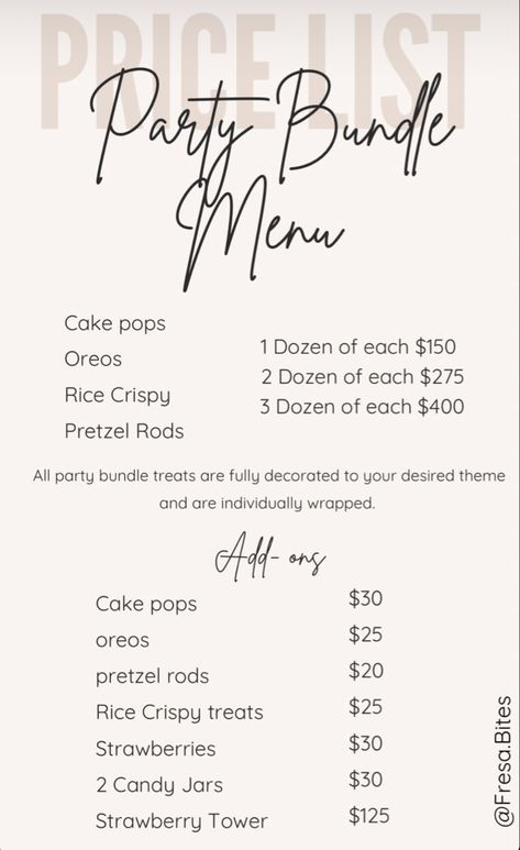 Small Business Menu Ideas, Party Packages Price List, Treat Making Business, Dessert Table Price List, Dessert Price List, Sweet Treat Business Ideas, Small Business Sweet Treats, Small Business Treats, Prices For Chocolate Covered Strawberries