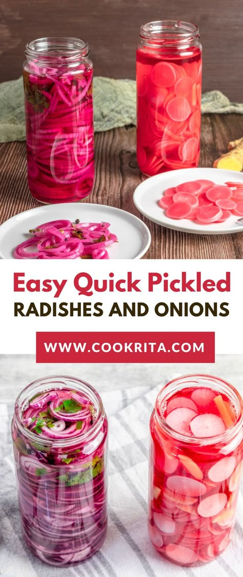 Quick pickled radishes with red onions recipe is a great way to turn an ordinary root vegetable into a delicious side dish for many dinner recipes. It's a great crunchy snack to add to cheese plates and a charcuterie board, or as a topping on avocado toast! Radish Pickle Recipe, Pickled Veggies Recipe, Quick Pickled Radishes, Easy Pickling Recipes, Pickled Vegetables Recipe, Red Onion Recipes, Quick Pickled Red Onions, Quick Pickled Onions, Fermented Pickles