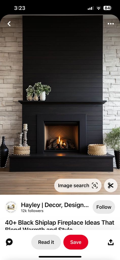 Black Beadboard, Mantle With Tv, Black Fireplace Wall, Wood Mantle Fireplace, Wood Mantle, Living Room Built Ins, Black Fireplace, Fireplace Art, Shiplap Fireplace