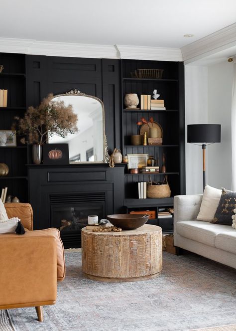 Black Bedroom Built Ins, Black Bookshelves Around Fireplace, Tricorn Black Built In, Dark Grey Built In Bookcase, Black Built In Tv Wall Unit, Built In Shelf Wallpaper, Black Wall Built Ins, Black Living Room Shelves, Black Bookshelves Living Room