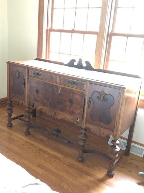 Painted Jacobean Buffet, Jacobean Furniture Makeover, Buffet In Front Of Window, Buffett Redo Antique Buffet, Old Buffet Makeover Ideas, Buffet Cabinet Makeover, Buffet Makeover Diy, Painted Antique Buffet, Antique Buffet Makeover