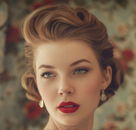 Brie Larson Hairstyles, Vintage Pinup Hair, 30s Makeup Look, 1940s Updo Hairstyles, Short 50s Hair, 1930s Updo, 1880s Hairstyles, 50s Updo Hairstyles, 1940s Updo