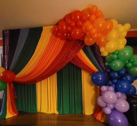 Backdrop Draping, Glamping Ideas, Rainbow Backdrop, Satin Clothes, Boy Birthday Party Themes, Adventure Club, Rainbow Theme, Rainbow Colours, Background Decoration