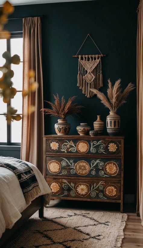 20 Dark Boho Bedroom Ideas For A Dreamy Makeover Budget Boho Bedroom, Boho Academia Bedroom, Dark Cozy Bedroom Paint Colors, Goth Boho Aesthetic, Apothecary Aesthetic Bedroom, Boho Guest Room Ideas, Bedroom Decor Moody, Moody Bohemian Bedroom, Romantic Boho Bedroom Ideas