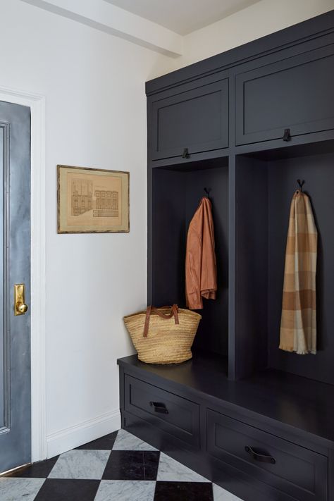 KKB Interiors — Morningside Heights Dark Blue Mudroom, Mudroom Black, Built In Mudroom, Blue Mudroom, Black And White Tile Floor, Black Forest House, Zen Kitchen, Coat Rack Bench, Black And White Tile