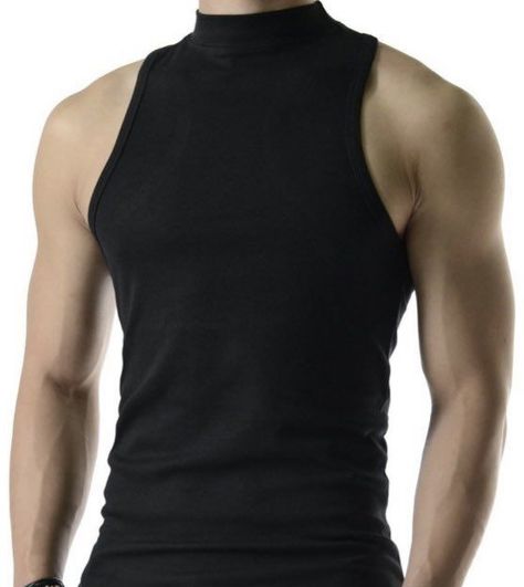 Sleeveless Turtleneck Men Anime, Revealing Man Outfits, Mens Sleeveless Turtleneck, Turtle Neck Tank Top Men, Tank Turtleneck Outfit, Black Sleeveless Turtleneck Men, Sleeveless Turtleneck Outfit Men, Sleeveless Turtleneck Men, Sleeveless Top Outfit Men