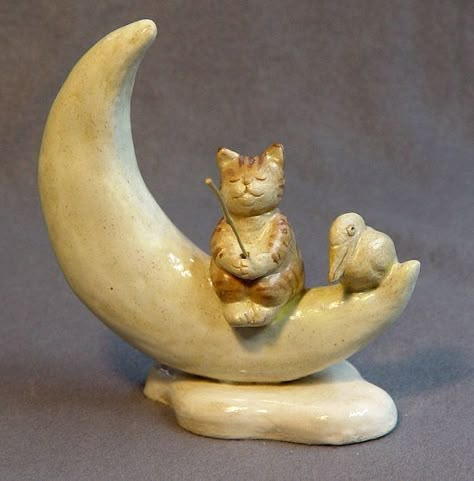 Cat On The Moon, Cat Fishing, Sculpture Ceramic, Ceramic Cat, Ceramic Figurine, Clay Figurine, Pottery Crafts, Pottery Sculpture, Ceramic Animals