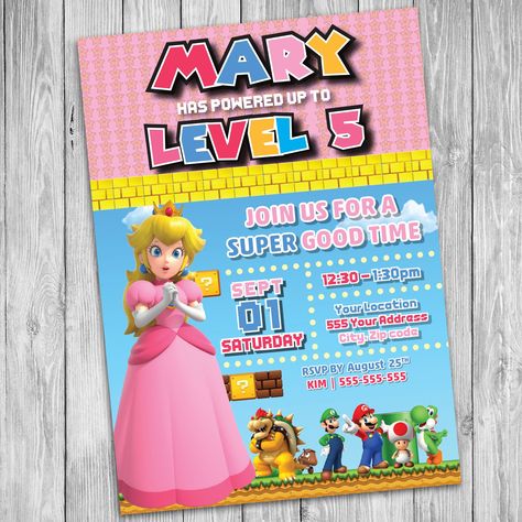 Peaches Birthday Party Mario, Princess Peach Invitations Super Mario, Mario Bros Princess Peach Birthday, Princess Peach Party Invitations, Super Mario Princess Birthday Party, Princess Peach Invitation Template, Princess Peaches Party, Princess Peaches Birthday Party, Super Mario Peach Birthday Party