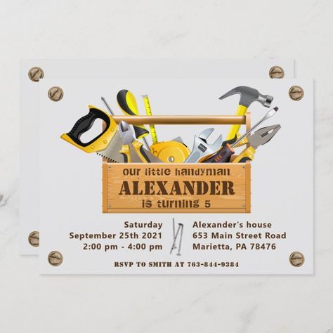 Handyman Tools and Gadgets Birthday Party Invitation.
#affiliate Tools Birthday Party, Handyman Tools, Transportation Party, Wood Invitation, Mens Birthday Party, Tool Party, Birthday Party Tables, Boy Birthday Invitations, Birthday Party Planning