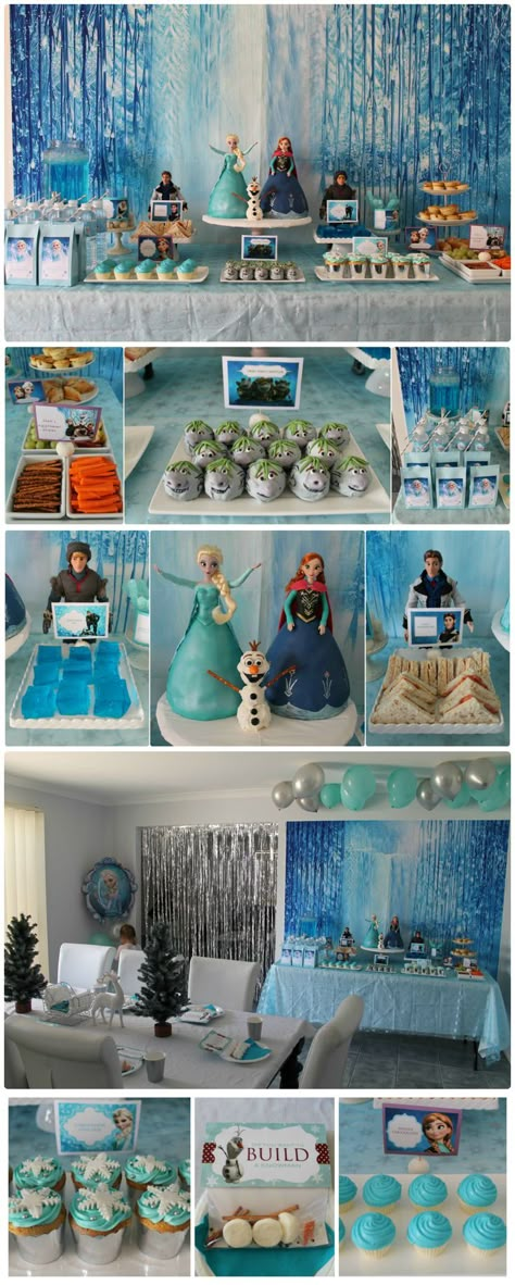 Disney Frozen Party Table with Elsa and Anna cakes, Troll truffles, Hans Sandwiches, Kristoph's Ice, Sven's reindeer snacks, blue lemonade, melted snow (water), Frozen themed lolly bags, Anna's chocolate cupcakes, coronation cupcakes, and "build a snowman" activity Frozen Coronation Party, Coronation Cupcakes, Party Table Snacks, Disney Frozen Party Favors, Frozen Party Table, Frozen Dessert Table, Elsa And Anna Birthday Party, Party Snacks Kids, Table Snacks