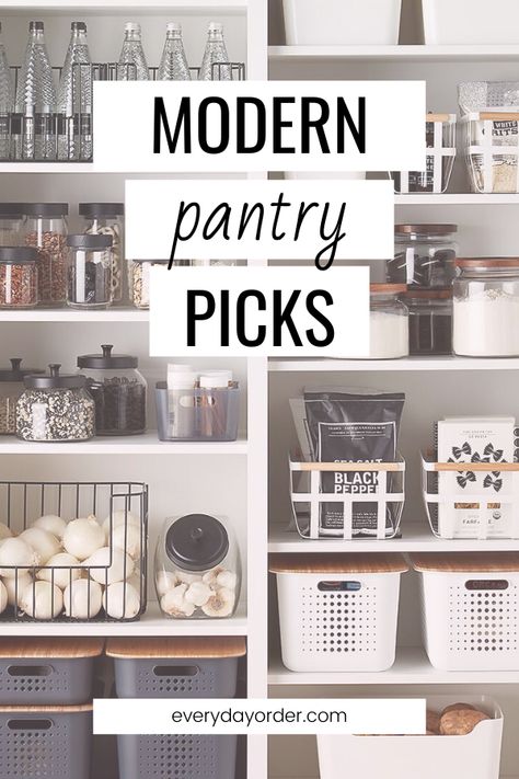 Storage Bins For Pantry, Pantry Organizing Containers, Black And White Pantry Ideas, Black And White Pantry Organization, Minimalist Pantry Organization, Black Pantry Organization, Black And White Pantry, Diy Kitchen Pantry, Kitchen Pantry Organization Ideas